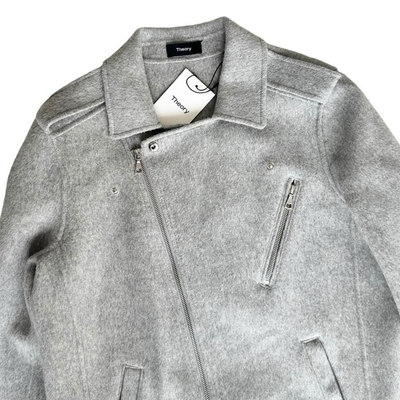 NWT Theory wool cashmere moto jacket zip snap buckle belt gray Tralsman DF large - Picture 8 of 16